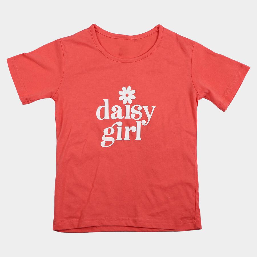 Girls' Coral Round Neck Regular T-Shirt, मूँगा (कोरल), large