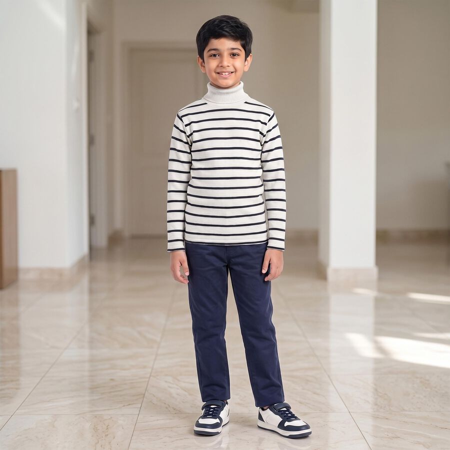 Boys White High Neck Striped Pullover, White, large
