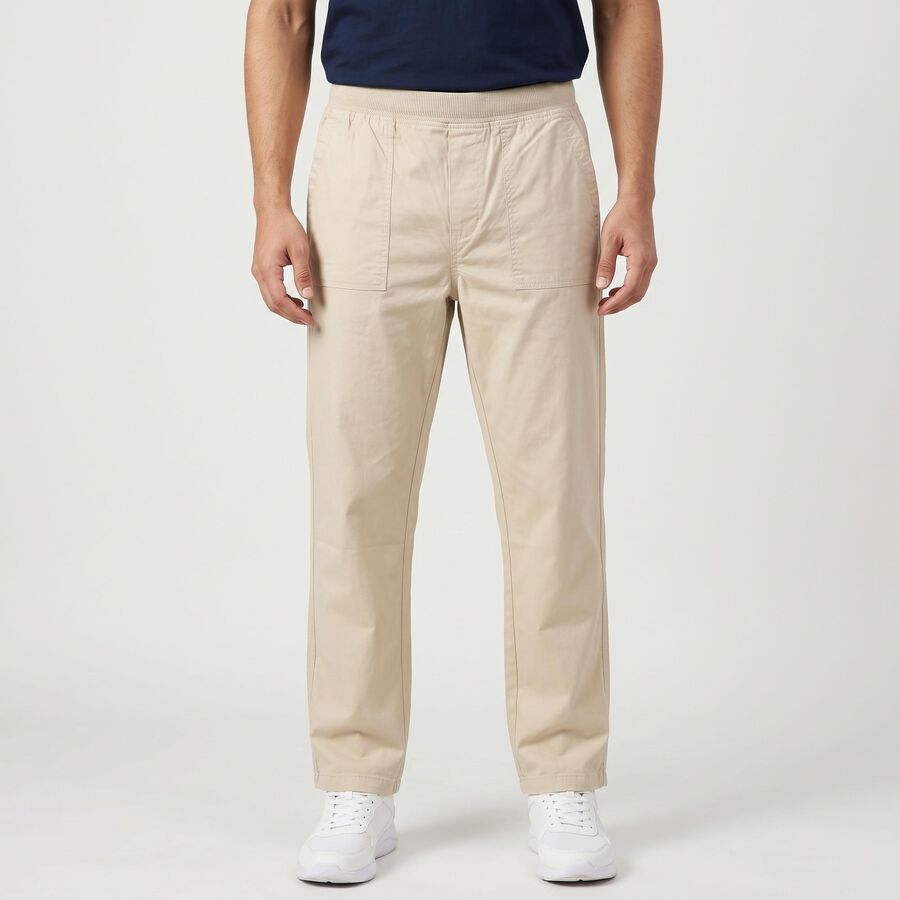 Men's Off White Slim Fit Elasticated-Waist Casual Trousers, ऑफ व्हाइट, large