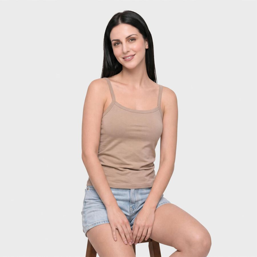 Women's Brown Cotton Scoop Neck Camisole Slip, Brown, large