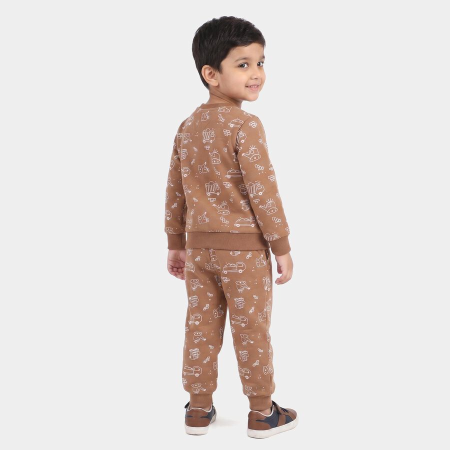 Boys Brown Crew Neck Printed Baba Suit, भूरा, large