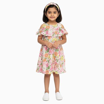 Girls' Multicolor Floral Cold Shoulder Cotton Frock