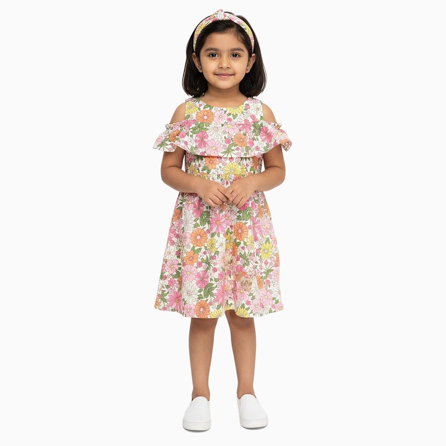Girls' Multicolor Floral Cold Shoulder Cotton Frock, Off White, large image number null