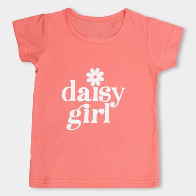 Girls' Coral Cotton Round Neck Casual Printed T-Shirt