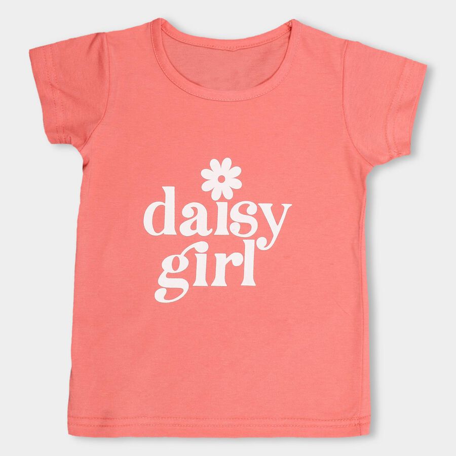 Girls' Coral Cotton Round Neck Casual Printed T-Shirt, Coral, large image number null
