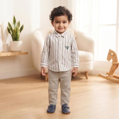 Infants' Grey 100% Cotton Collar Neck Striped Baba Suit