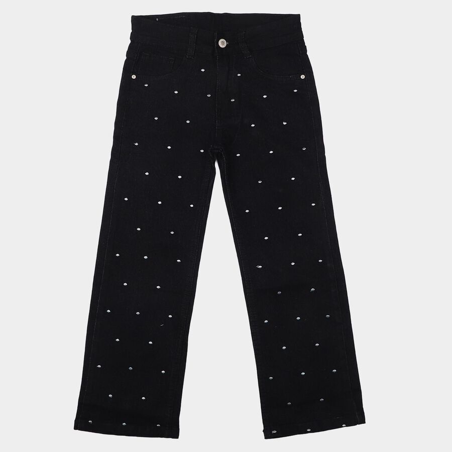 Girls Black Straight Fit Printed Jeans, Black, large