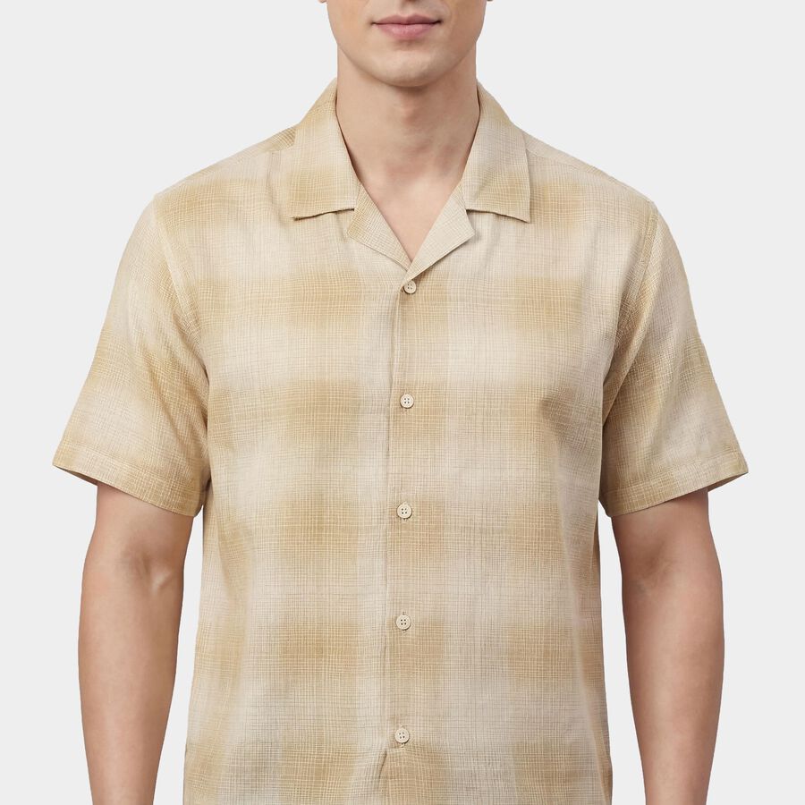 Men's Beige Cotton Spread Collar Classic Casual Shirt, गहरा पीला, large
