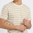 Men's Cream Round Neck Striped Regular T-Shirt, ऑफ व्हाइट, small