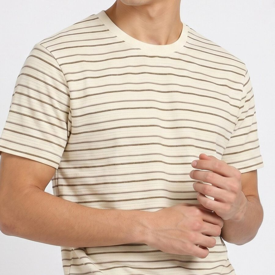 Men's Cream Round Neck Striped Regular T-Shirt, ऑफ व्हाइट, large