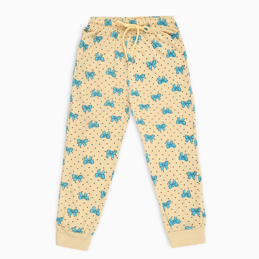 Girls' Beige Bow Print Cotton Blend Pyjama, ऑफ व्हाइट, large image number null