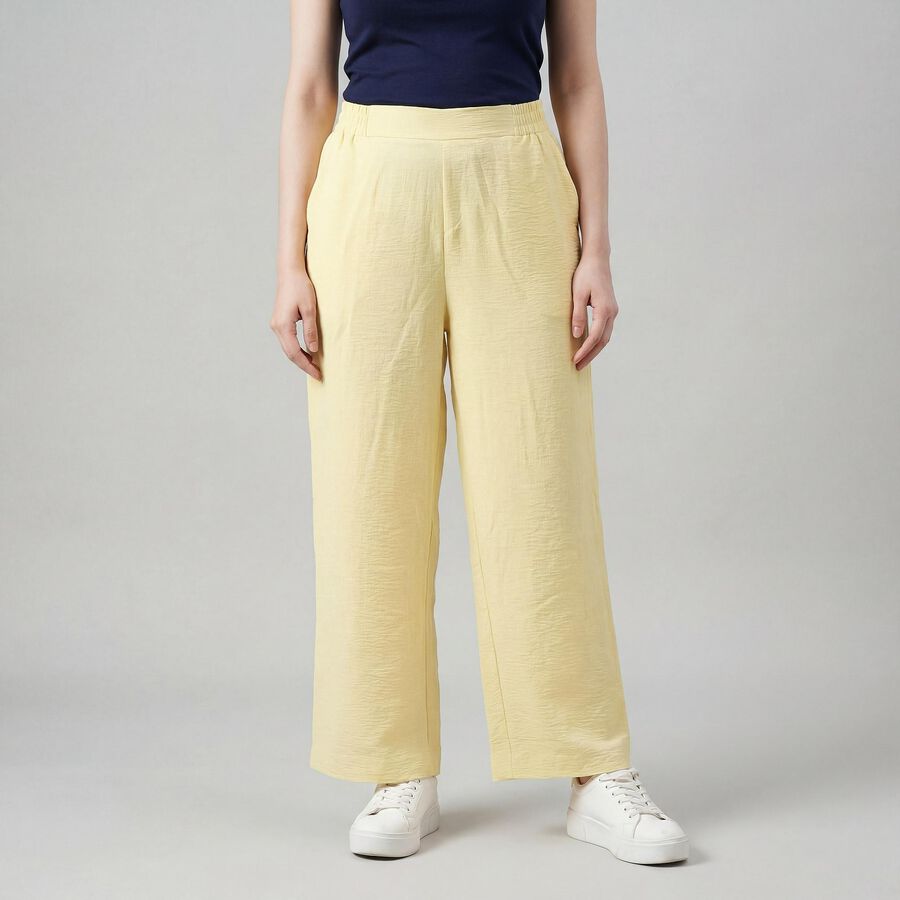 Women's Yellow Wide-Leg Elastic Waist Trousers, पीला, large