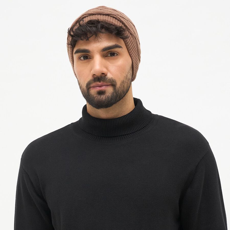 Men's Warm Mocha Brown Knitted Beanie Cap, भूरा, large image number null