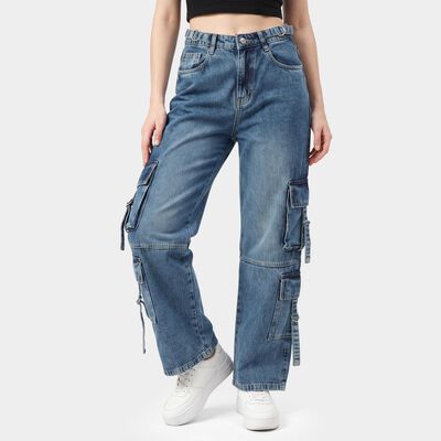 Women's Light Blue Cargo Fit Utility Pocket Jeans