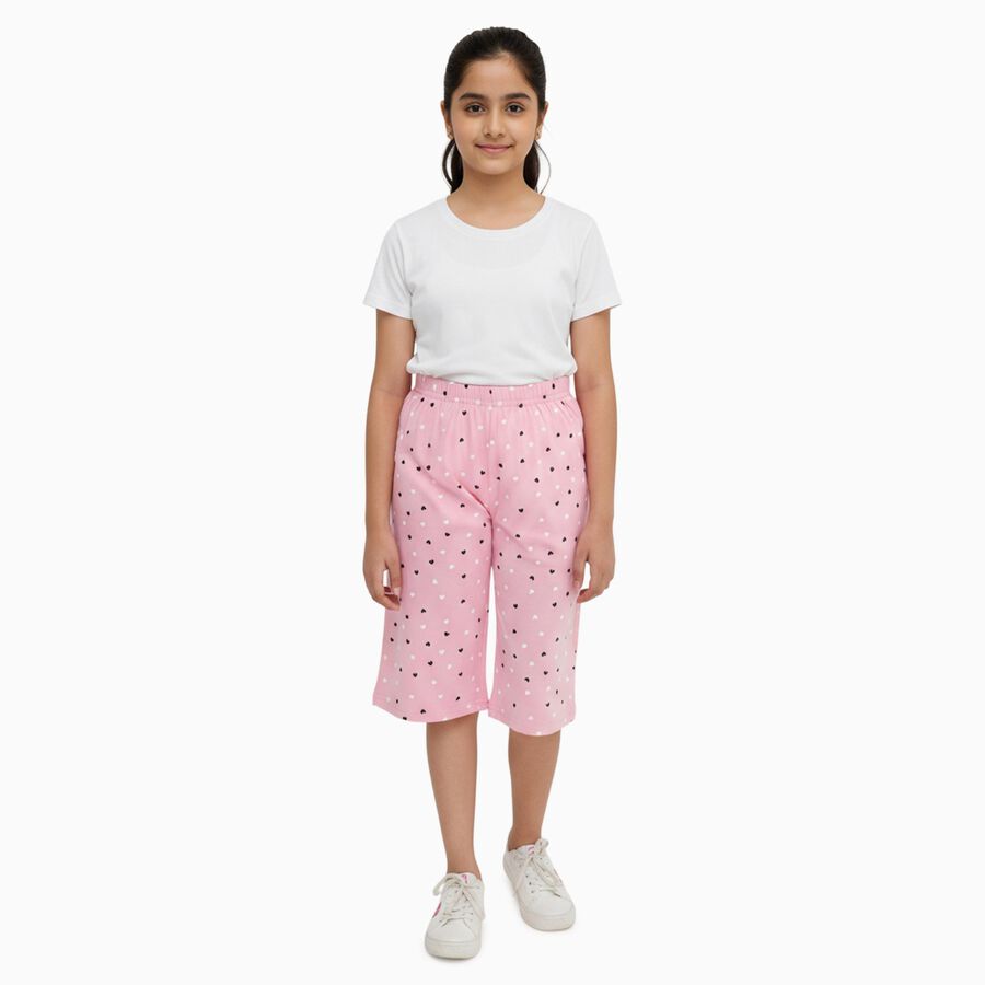 Girls' Soft Pink Heart Print Cotton Blend Capri, Pink, large image number null