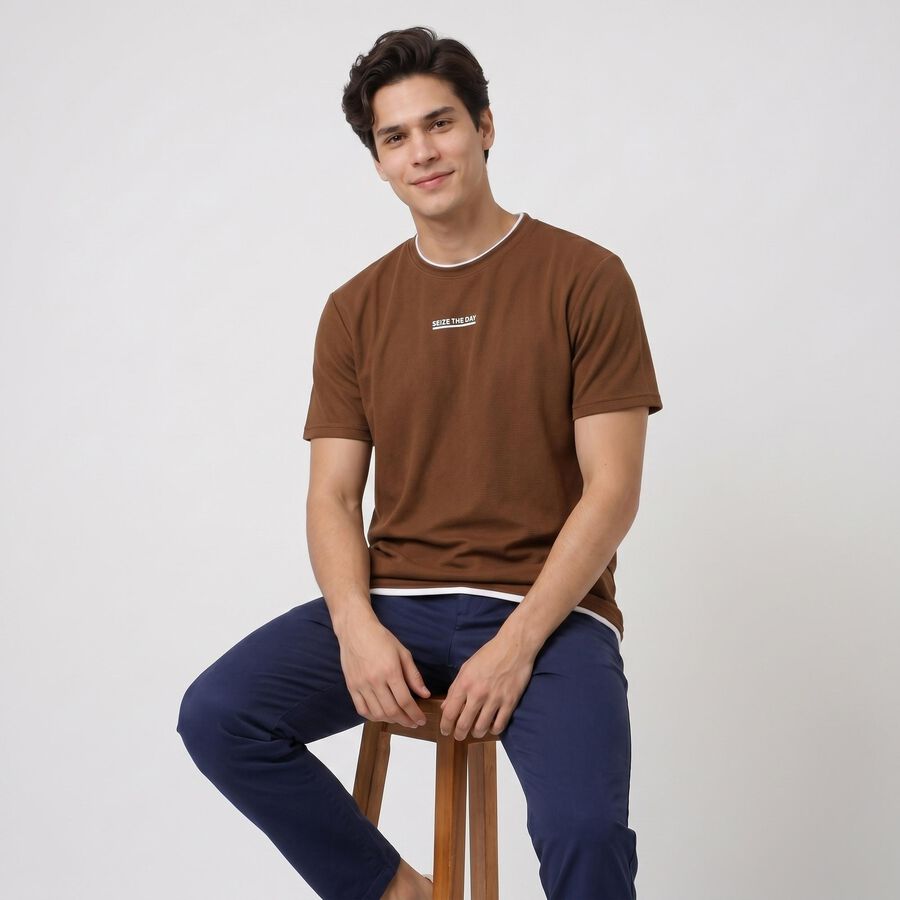 Men's Brown Round Neck Graphic Print Regular T-Shirt, भूरा, large
