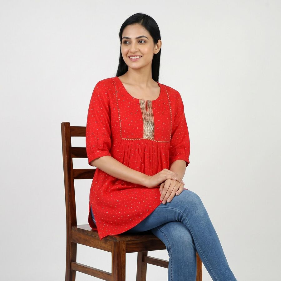 Women's Red Round Neck Printed A-Line Kurti, लाल, large
