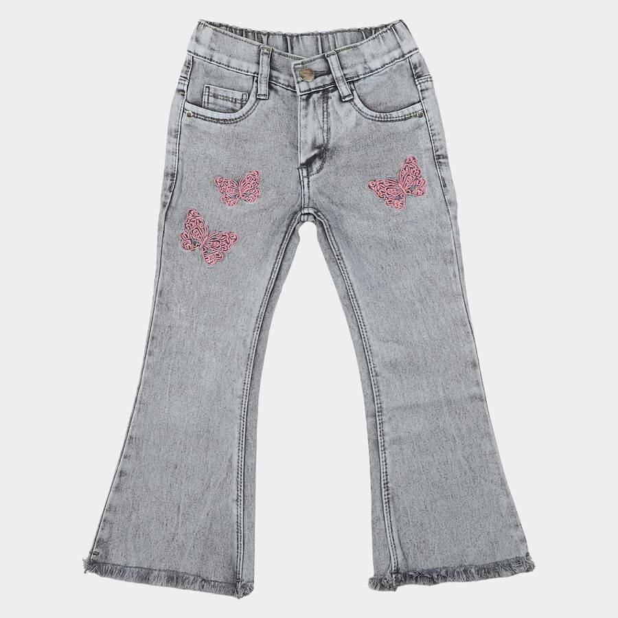 Girls Grey Flared Fit Butterfly Embroidered Jeans, हल्का ग्रे, large