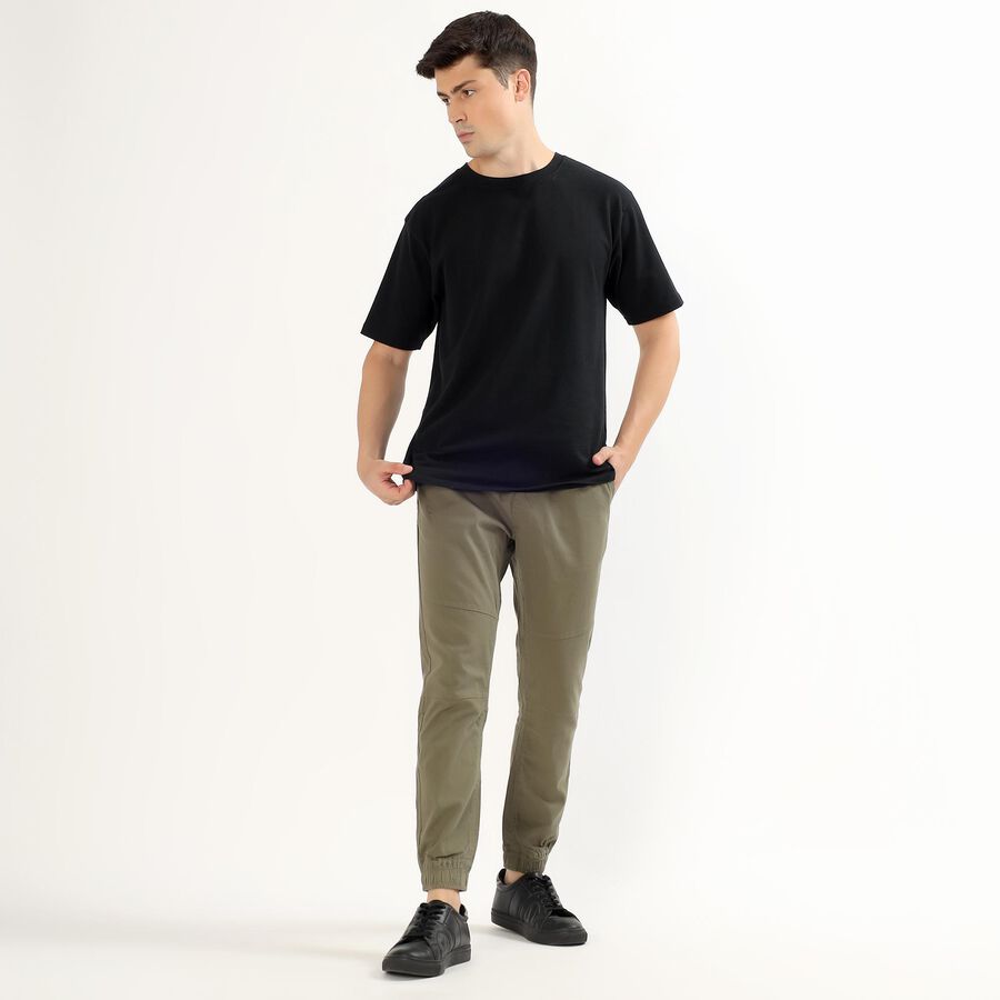 Men's Muted Olive Green Slim Fit Elastic Waist Casual Trousers, Light Green, large