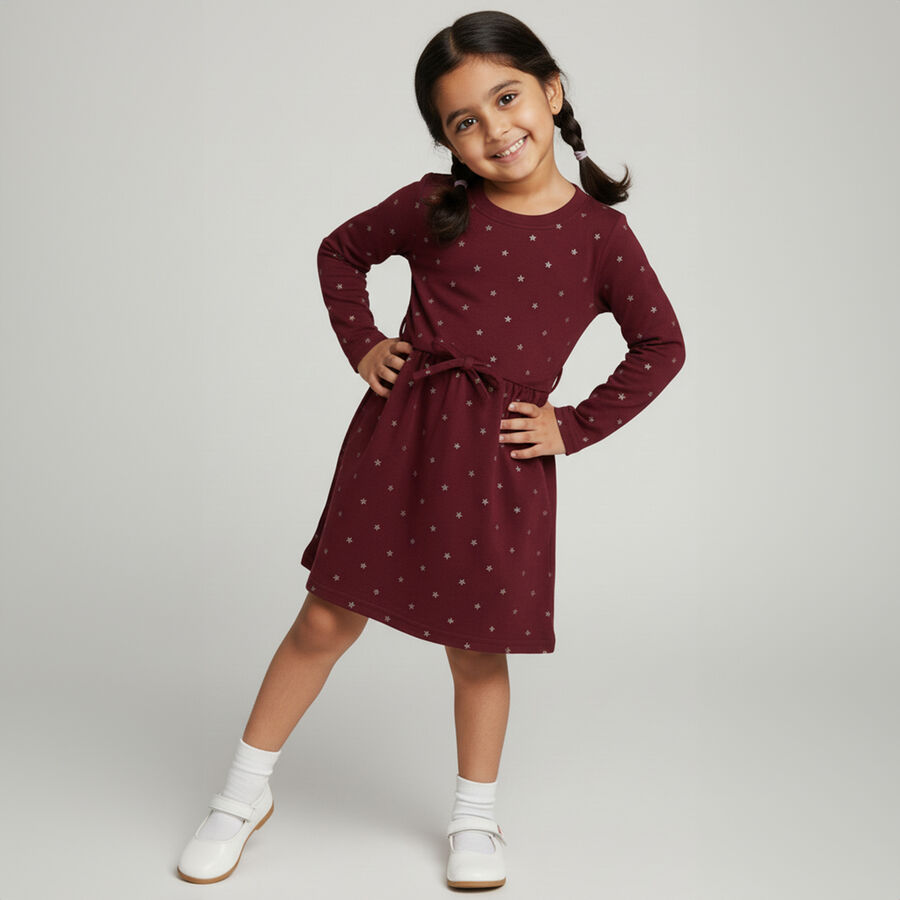 Girls' Deep Burgundy Metallic Star Printed A-Line Frock, वाइन, large image number null