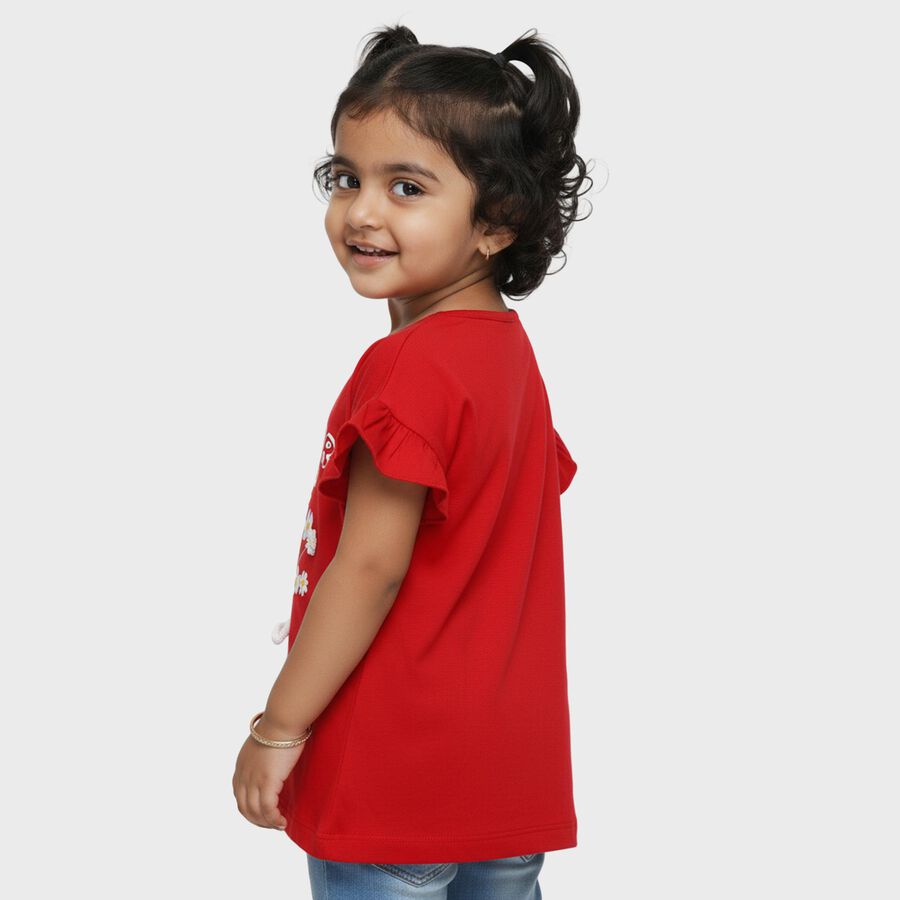 Girls Red 100% Cotton Round Neck Casual T-Shirt, Red, large