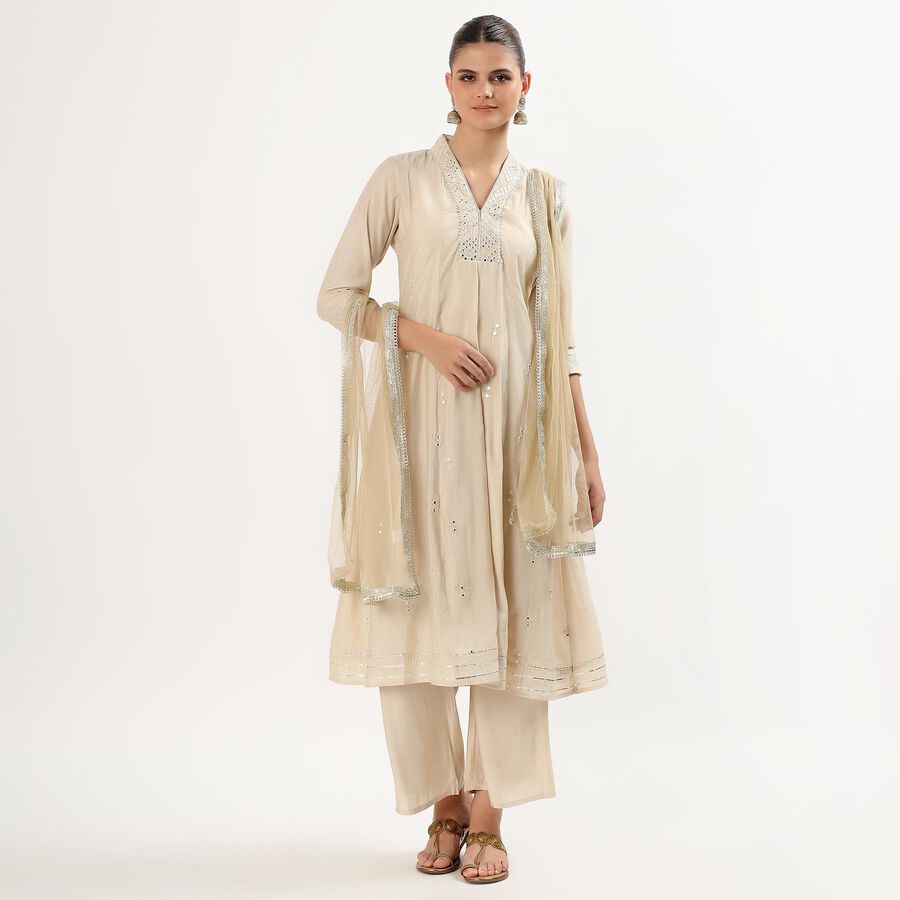Women's Beige V-Neck Embroidered Kurta, Beige, large image number null