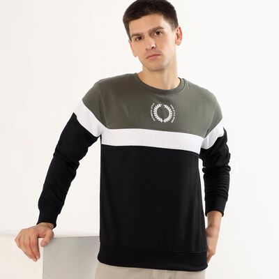 Men's Olive Green and Black Crew Neck Casual Sweatshirt