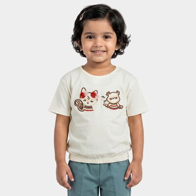 Girls' Off White Cotton Round Neck Regular T-Shirt