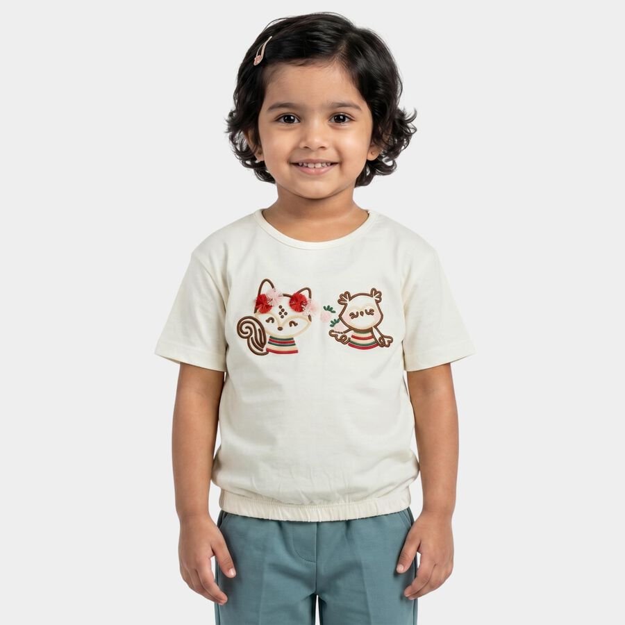 Girls' Off White Cotton Round Neck Regular T-Shirt, Off White, large