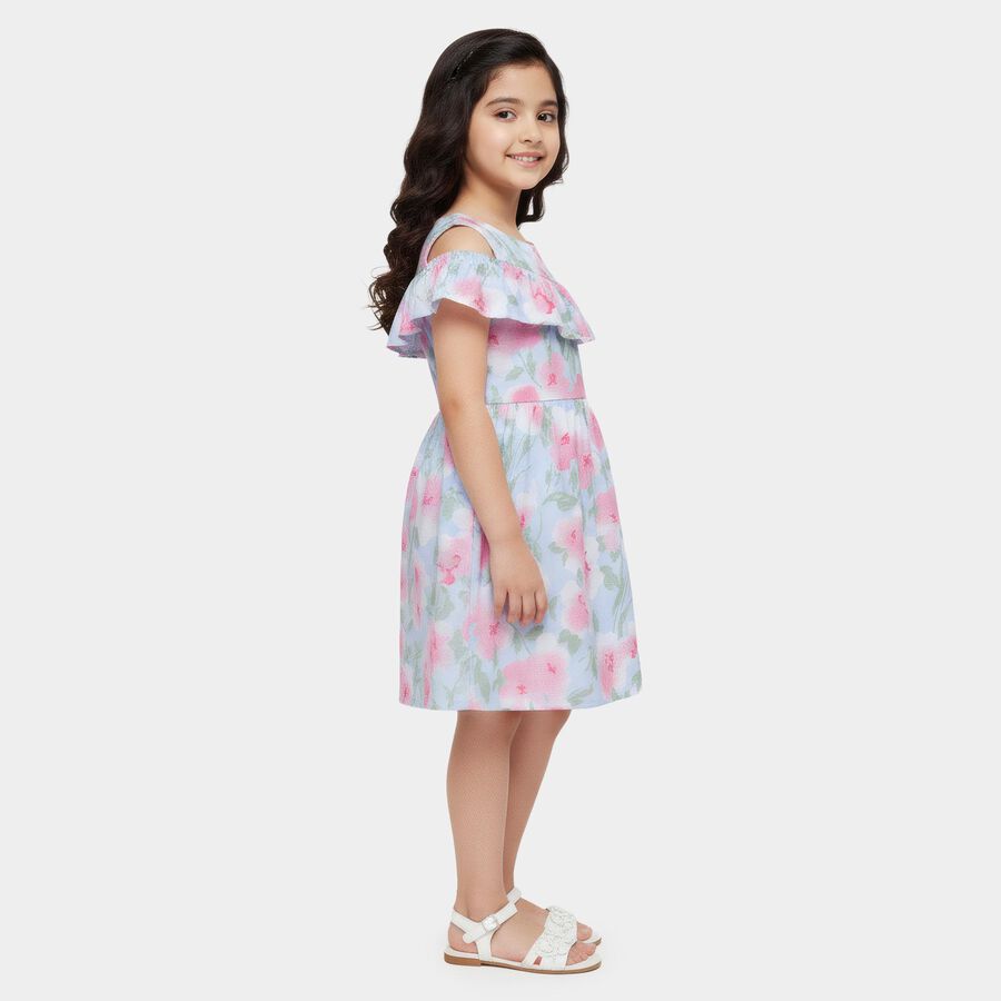 Girls' Light Blue Floral Off-Shoulder Cotton Frock, Light Blue, large