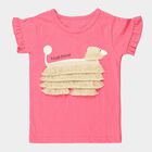 Girls' Pink Cotton Round Neck Romantic T-Shirt, Pink, small
