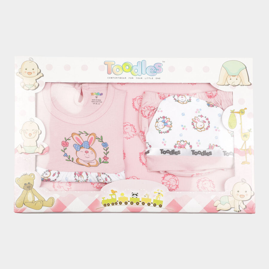 Infants Printed Cotton Baby Gift Set, Pink, large image number null