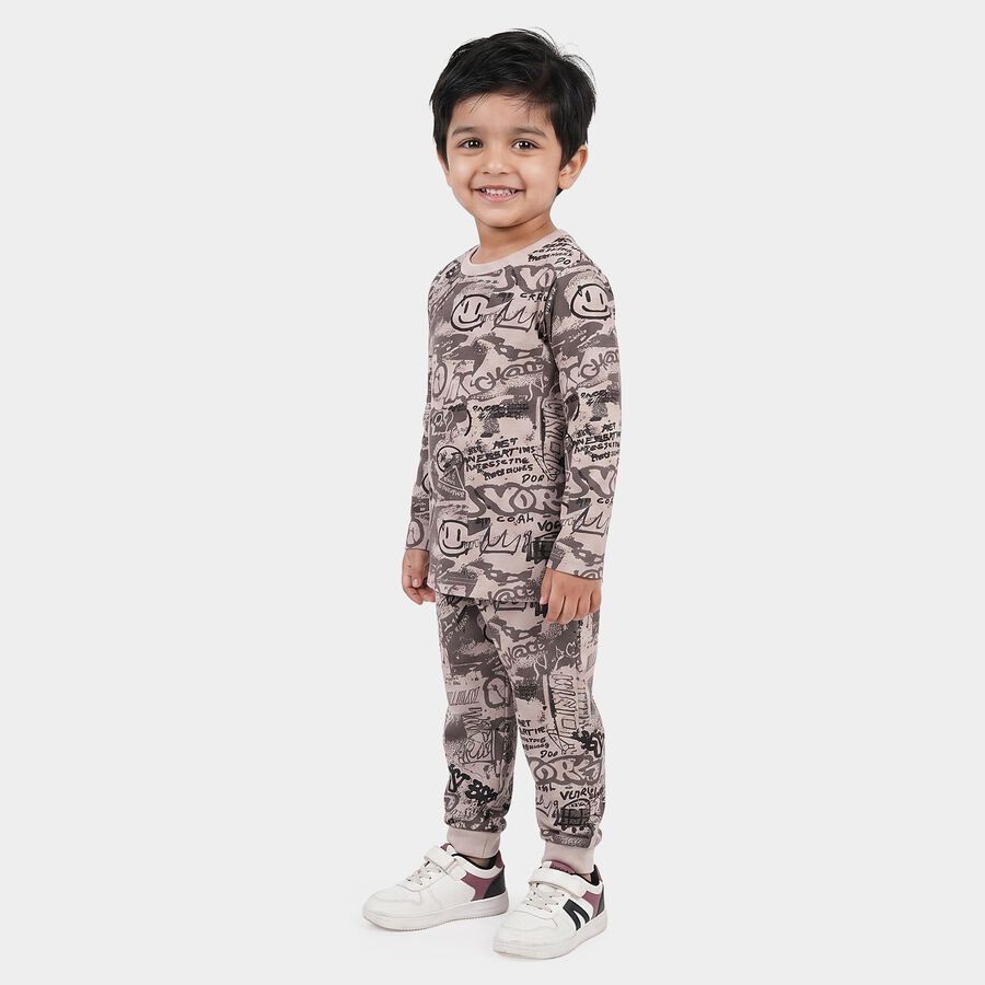 Boys Charcoal Cotton Round Neck Graphic Print Baba Suit, Charcoal, large
