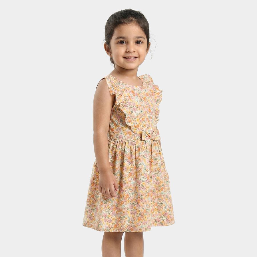 Girls' Beige Floral Printed Fit and Flare Frock, Beige, large
