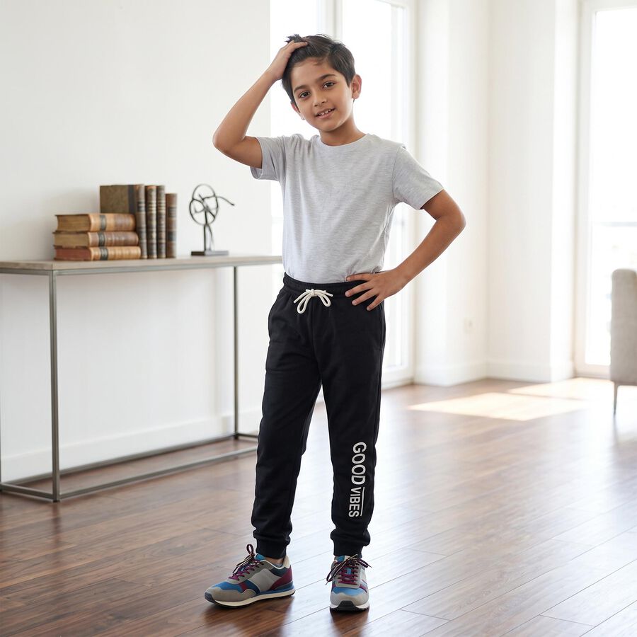 Boys' Black Jogger Graphic Printed Winter Pyjama, काला, large