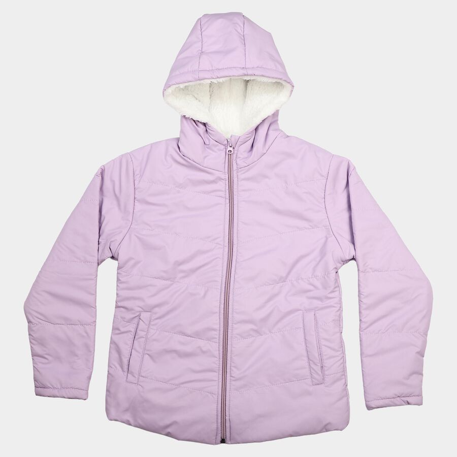 Girls' Lilac Hooded Puffer Jacket, Lilac, large