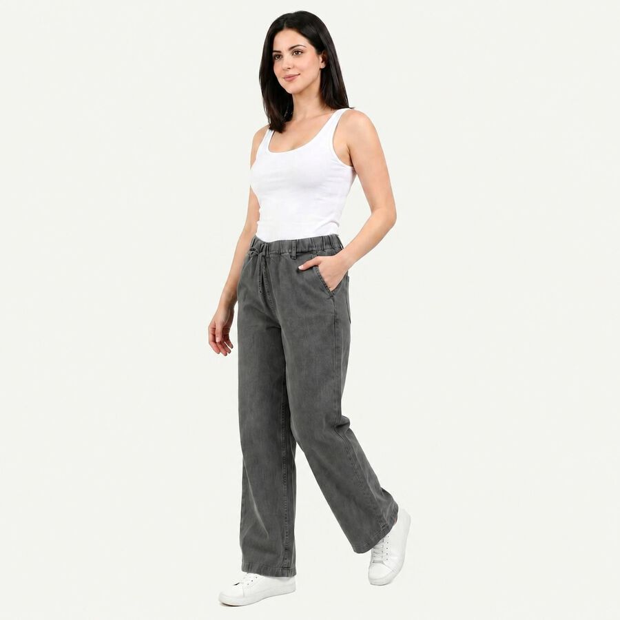 Women's Dark Grey Wide Leg Drawstring Waist Jeans, Dark Grey, large