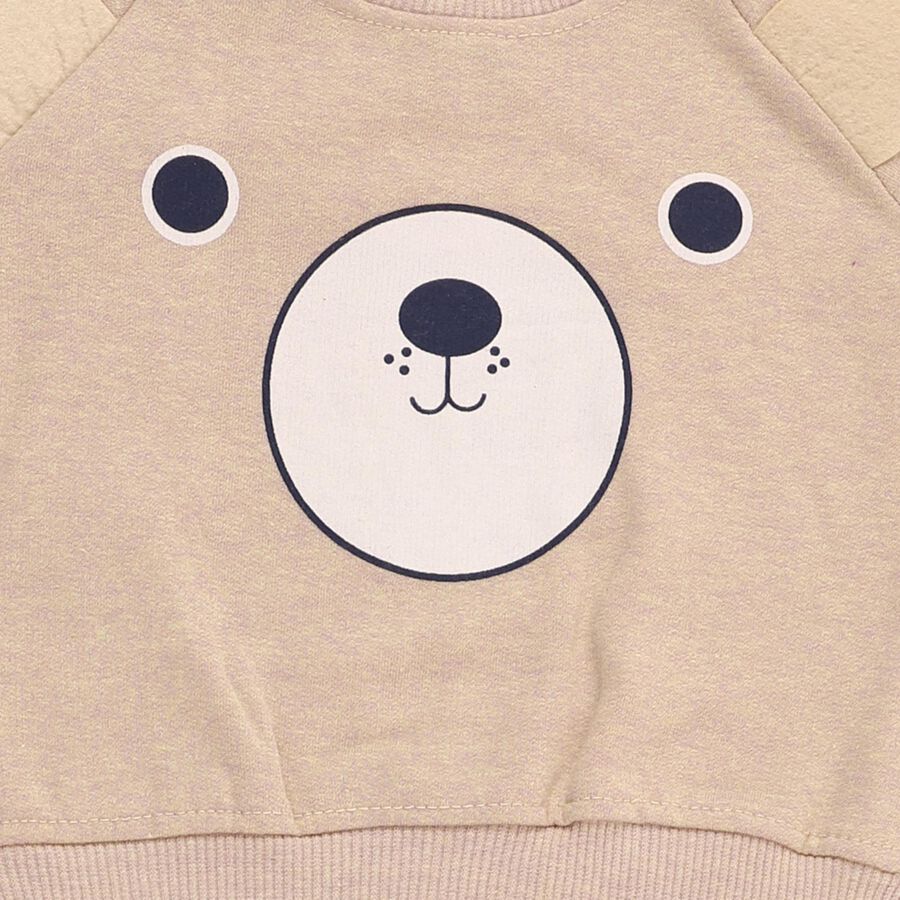 Infants' Beige Cotton Blend Raglan Sleeve Bear Print Baba Suit, Ecru Melange, large image number null