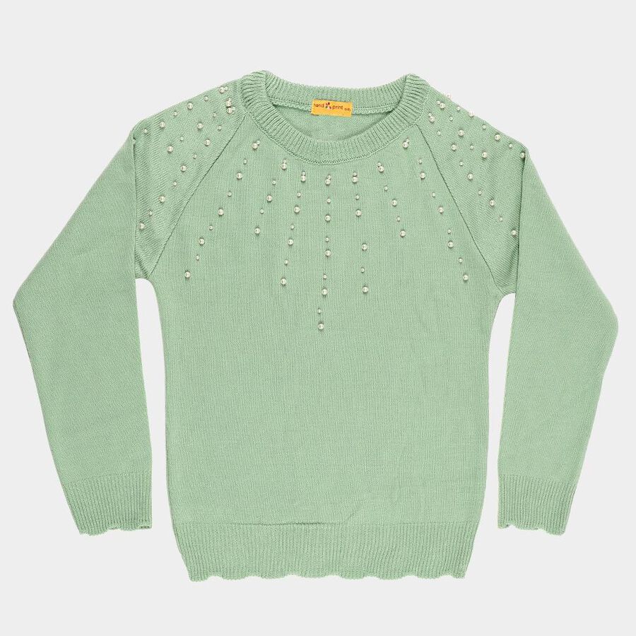 Girls' Mint Green Crew Neck Casual Pullover, Light Green, large image number null