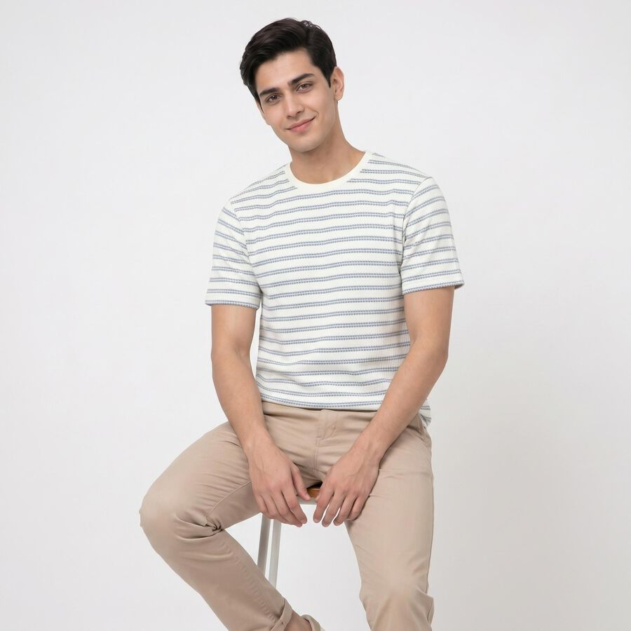 Men's Light Blue Round Neck Regular Striped T-Shirt, Light Blue, large