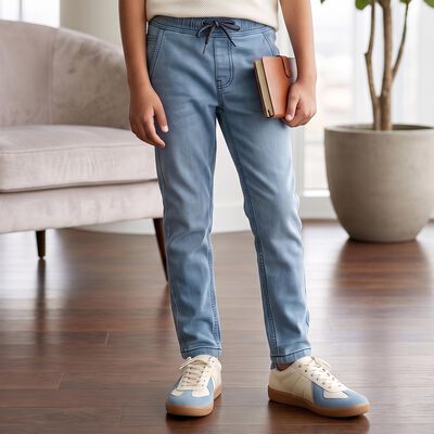 Boys Light Blue Straight Fit Drawstring Waist Jeans