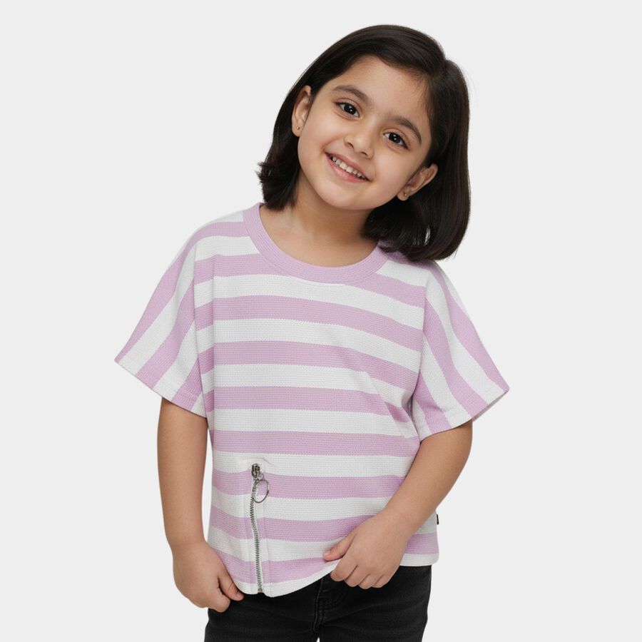 Girls' Lilac Round Neck Casual T-Shirt, लाइलेक, large