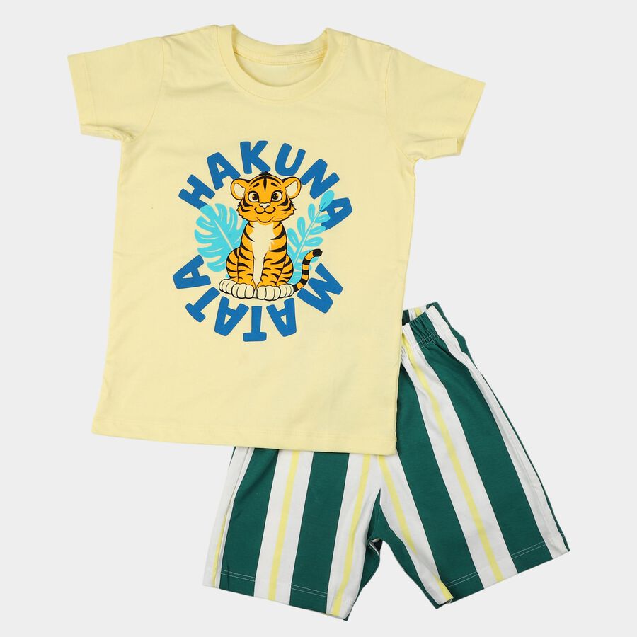 Boys Yellow 100% Cotton Round Neck Graphic Print Baba Suit, Yellow, large