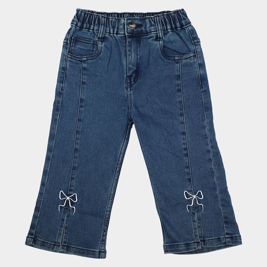 Girls Blue Straight Fit Embroidered Jeans, मध्यम नीला, large