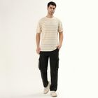 Men's Off-White Round Neck Casual Striped T-Shirt, Off White, small