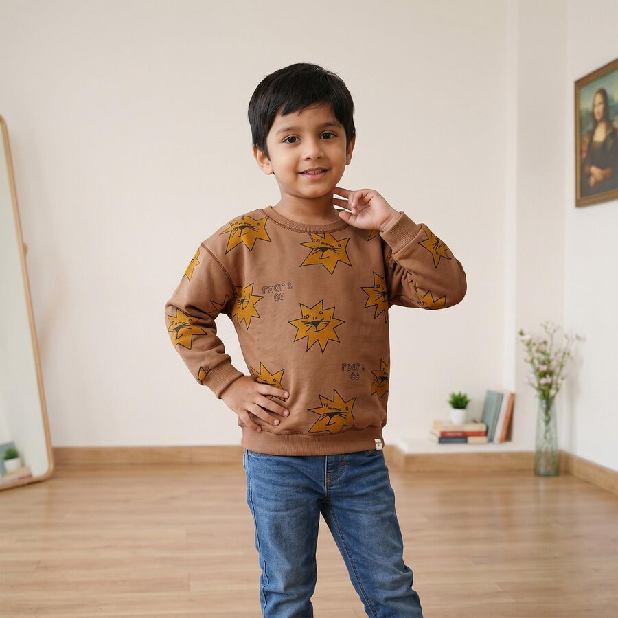 Boys' Beige Round Neck Pullover Sweatshirt, गहरा पीला, large