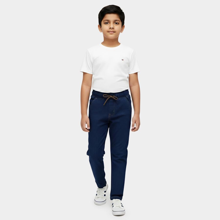 Boys' Blue Cotton Regular Fit Jeans, गहरा नीला, large