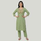 Women's Green Cotton Embroidered Ethnic Set, Light Green, small