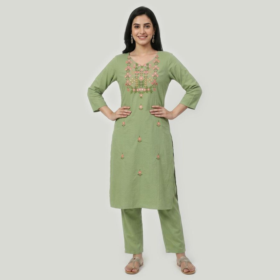 Women's Green Cotton Embroidered Ethnic Set, Light Green, large