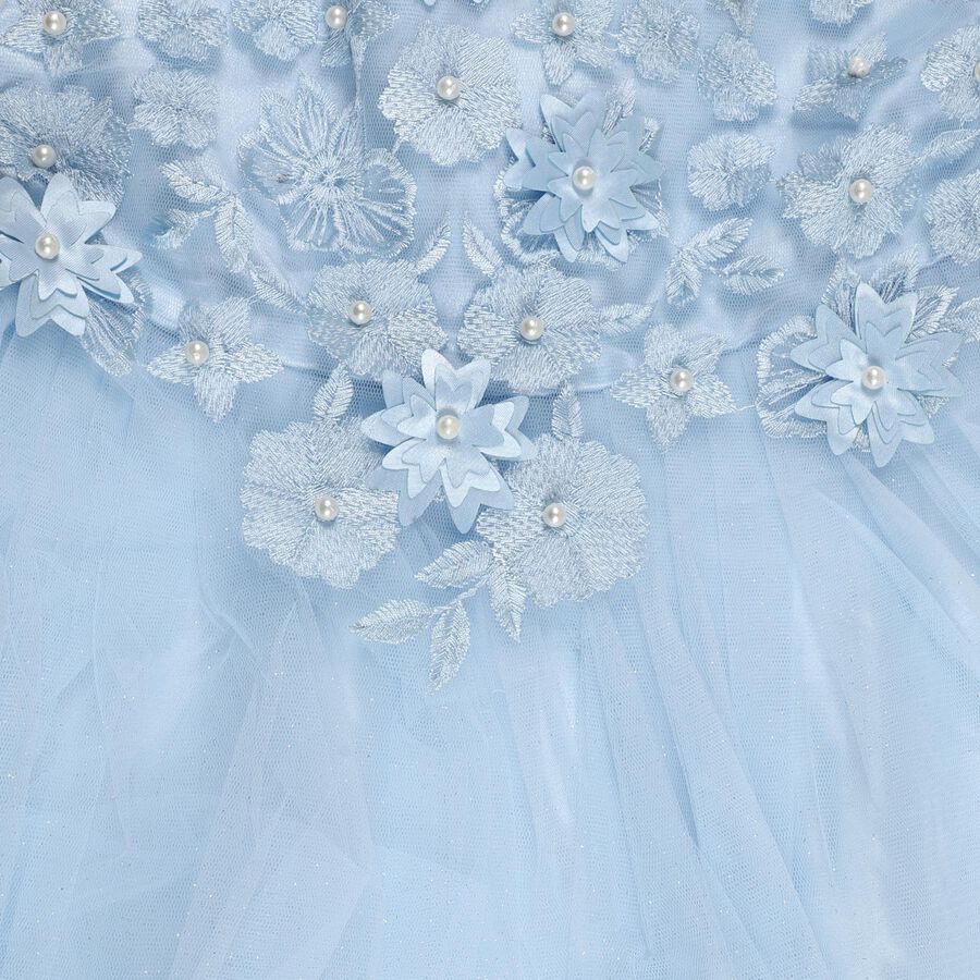 Girls' Light Powder Blue Floral Embroidered Party Wear Frock, Light Blue, large image number null